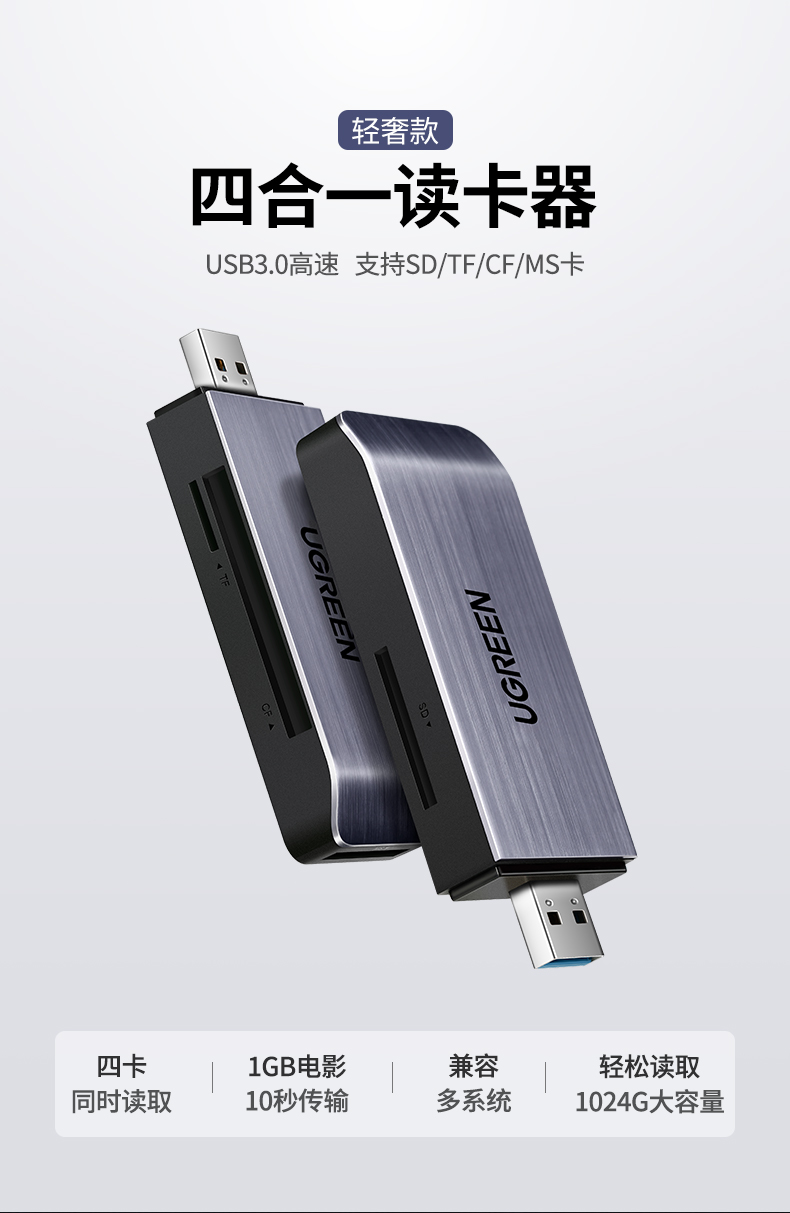 绿联（UGREEN）USB3.0高速读卡器 多功能合一读卡器  多卡多读 CM180 50541
