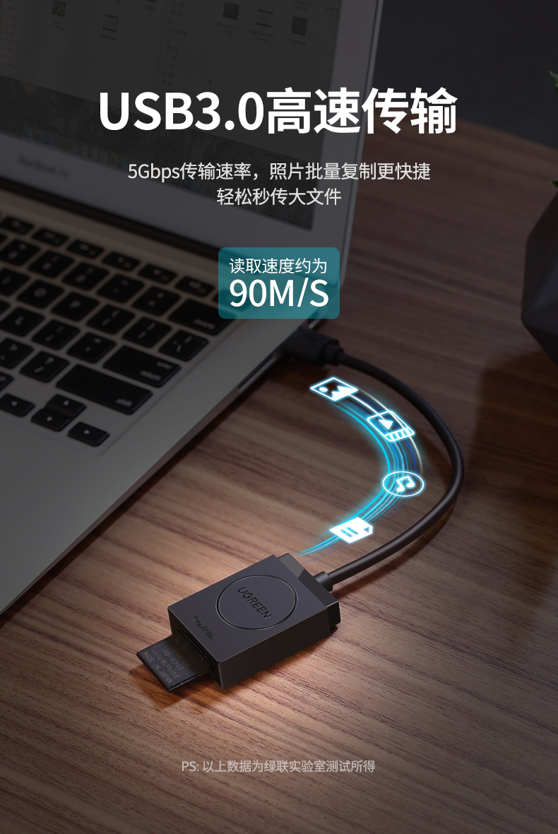 绿联（UGREEN）USB3.0高速读卡器 SD/TF二合一多功能读卡器   CR127 20250