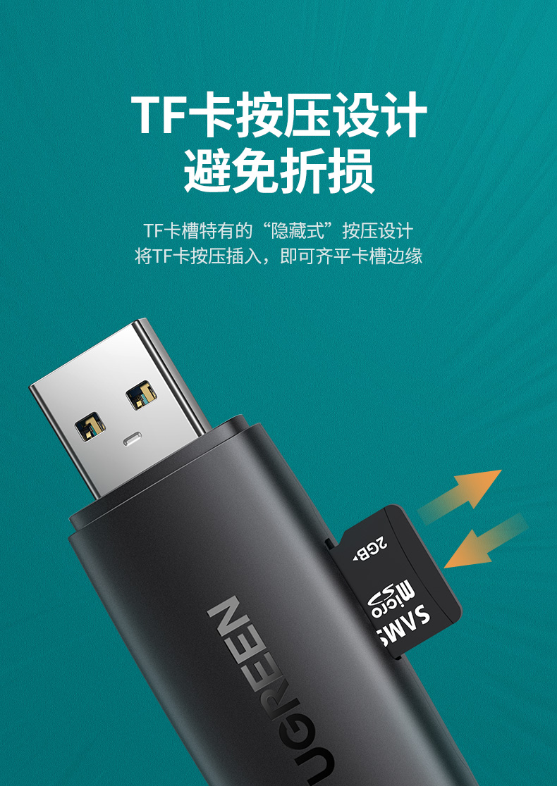 绿联（UGREEN）USB高速多功能二合一读卡器 支持TF/SD单反相机 2.0双卡单读 CM304 40295