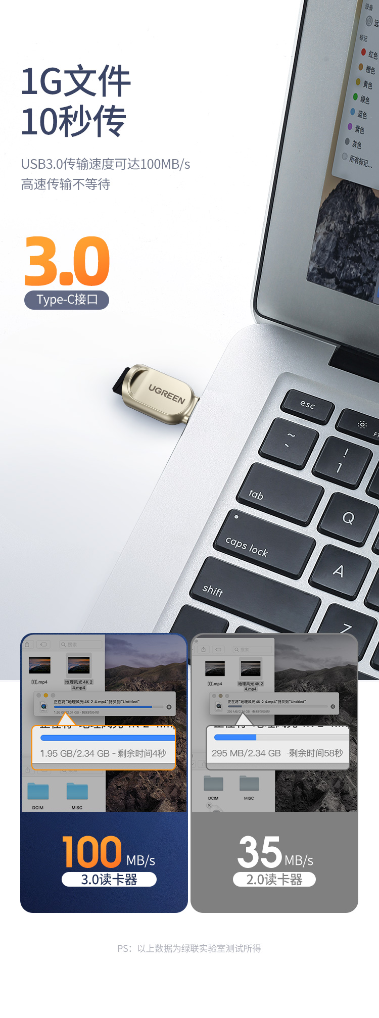 绿联（UGREEN）Type-C转TF读卡器  USB3.0高速Micro SD迷你读卡转换 免驱兼容多系统 浅黄色 CM331 80124