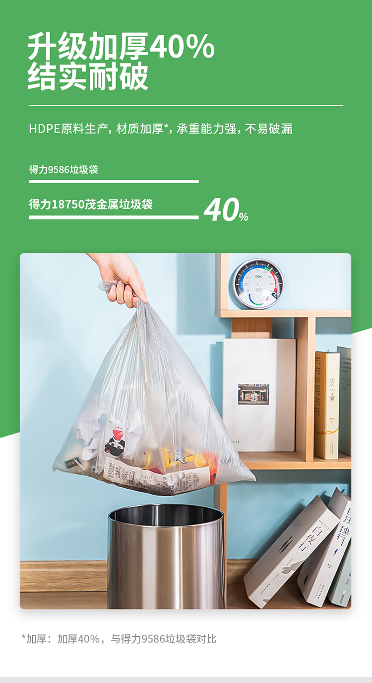 得力（deli）茂金属垃圾袋45*50厚0.01mm 加厚耐用 垃圾分类 办公用品 18750 银色(5卷/包) 3包装