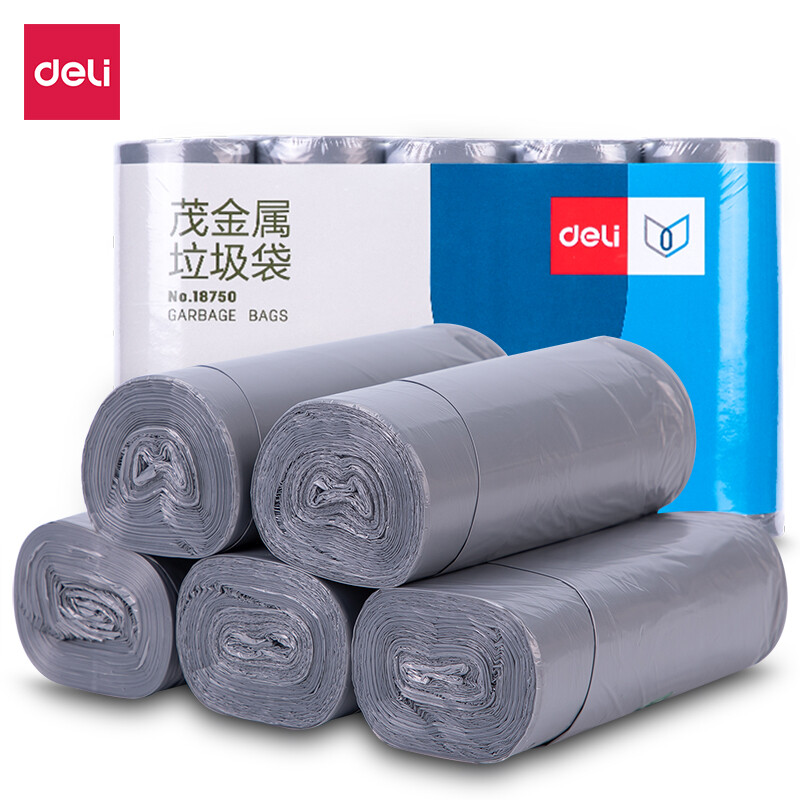 得力（deli）茂金属垃圾袋45*50厚0.01mm 加厚耐用 垃圾分类 办公用品 18750 银色(5卷/包) 3包装