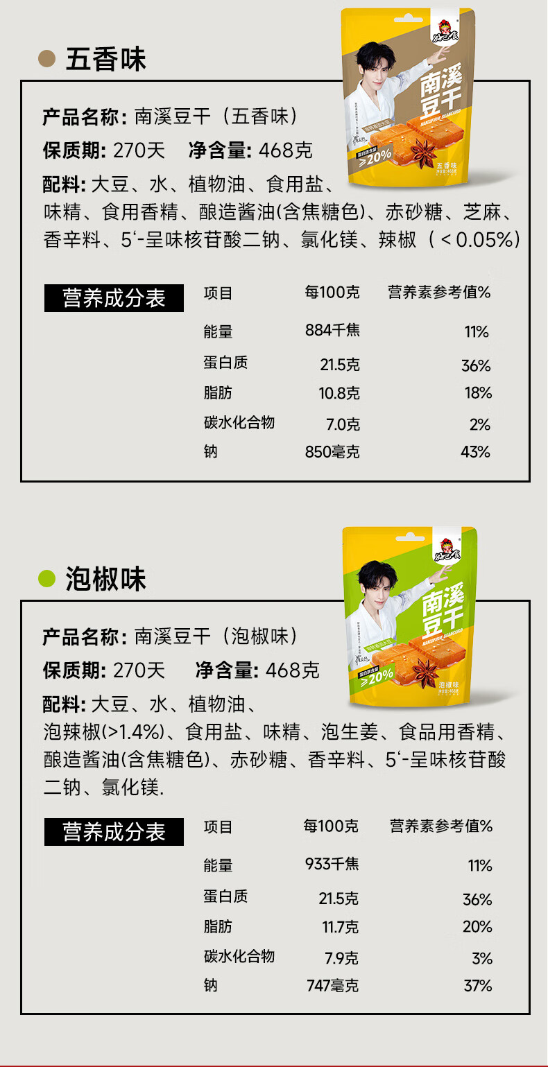 好巴食南溪豆干468g*3袋（五香/麻辣/烧烤）各一袋 宅家办公室休闲零食出游便携