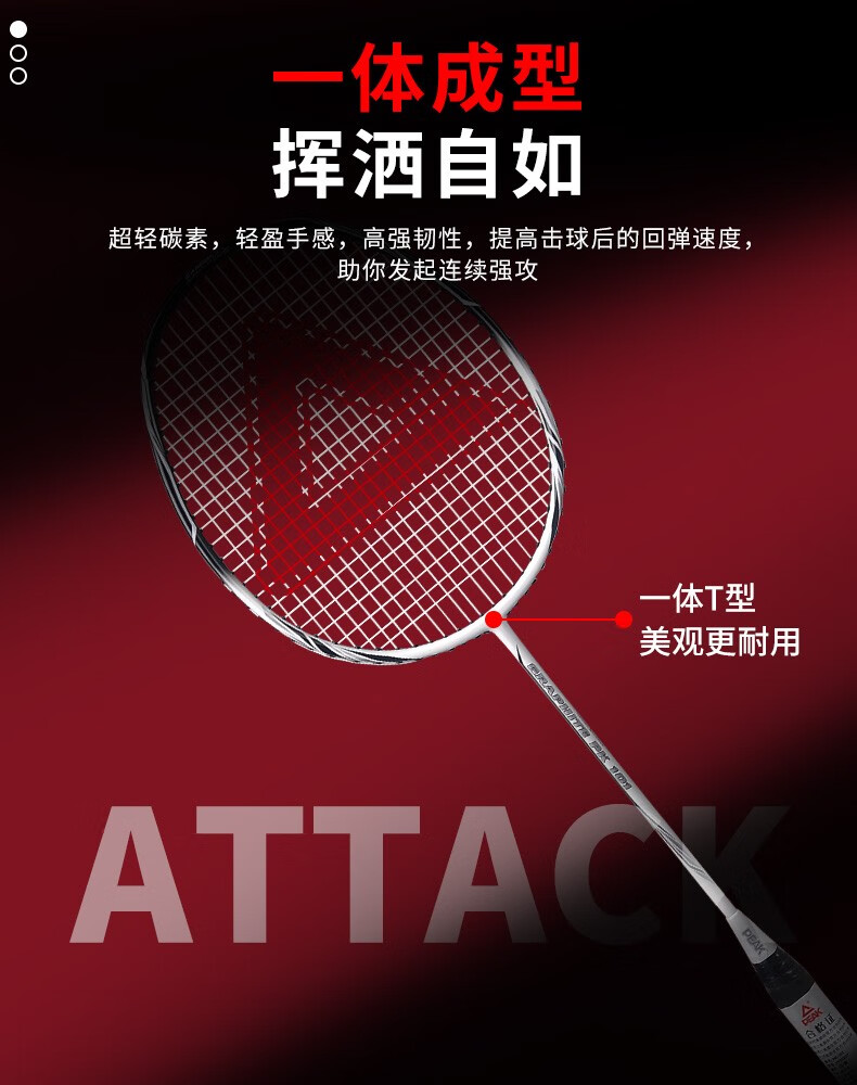 匹克（PEAK）羽毛球拍超轻全碳素纤维单拍女男耐用打型全碳素单拍YY42500【适用于初中级选手】白/黑灰