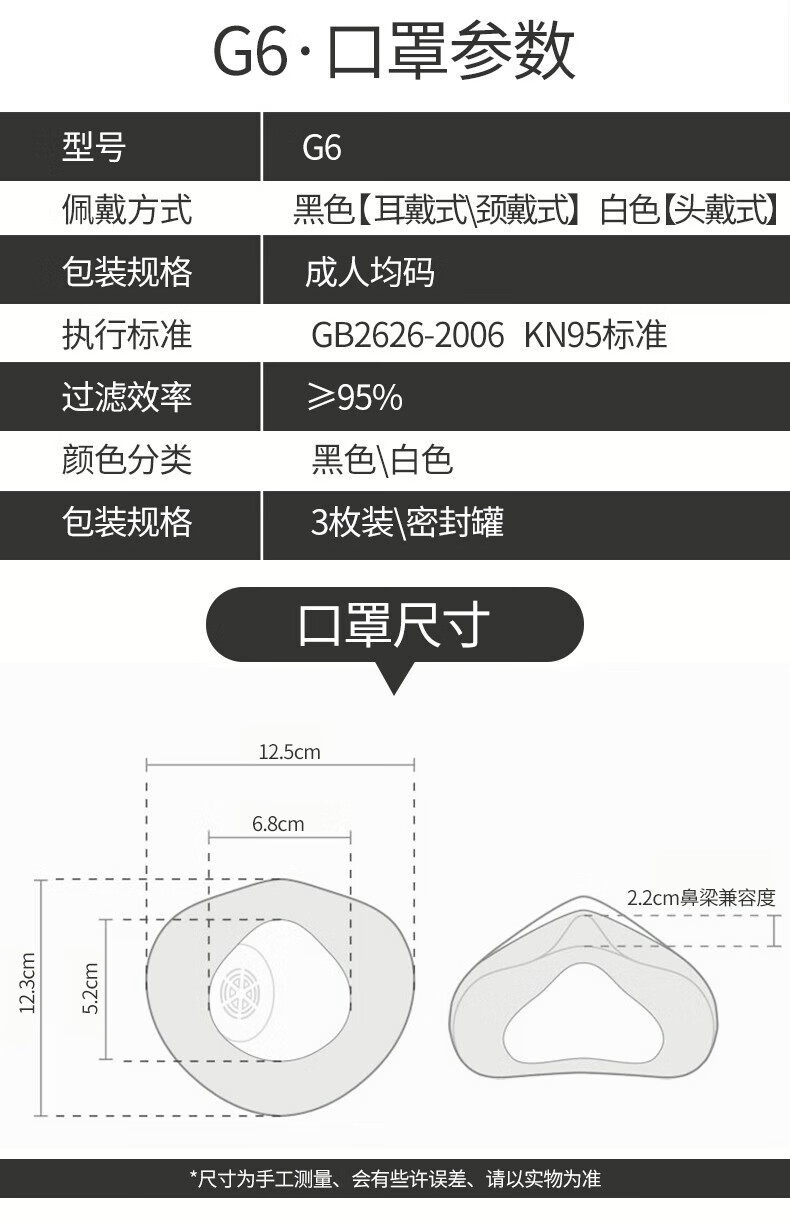中体倍力 KN95防护口罩防飞沫流感熔喷层呼气阀头戴式耳戴式口罩 G6-3枚装白色/头戴式
