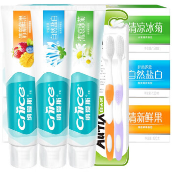 纳爱斯牙膏 清新鲜果牙膏120g+清凉冰菊牙膏120g+自然盐白牙膏120g +牙刷2支
