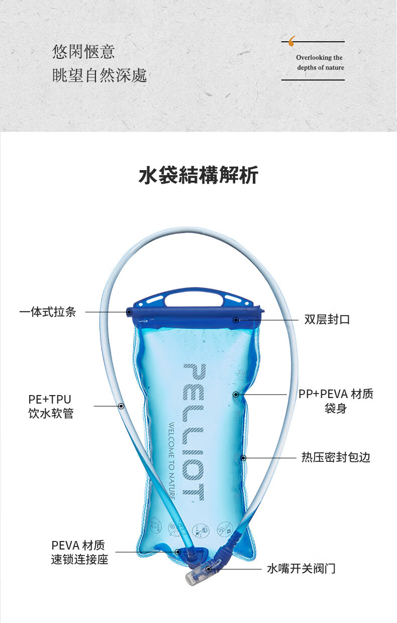 伯希和户外饮水袋便携折叠随身运动登山骑行喝水装水补水壶 风暴蓝1.5L