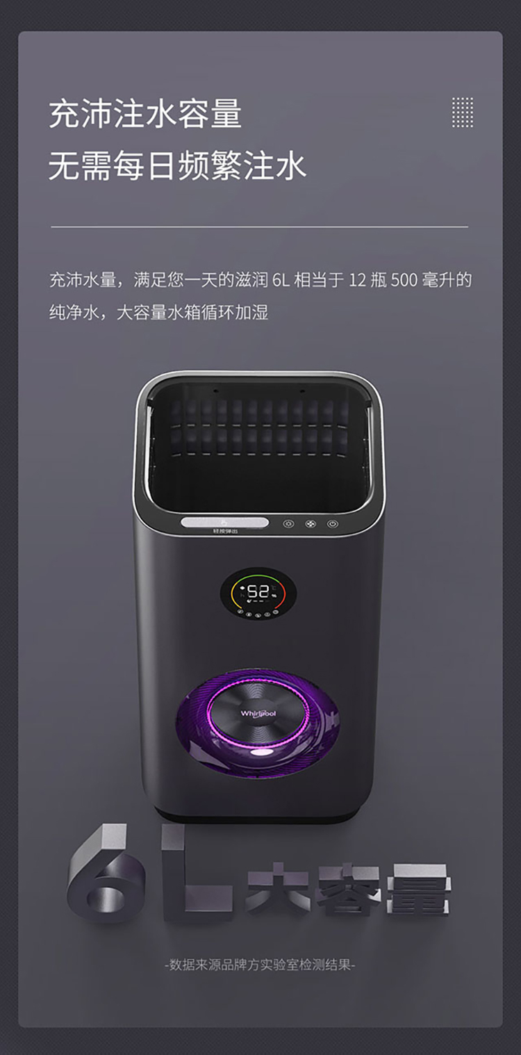 惠而浦（whirlpool）加湿器婴儿孕妇落地式智能恒湿 卧室家用办公室6L大容量无雾加湿器 WH-PD602Z 钛灰色