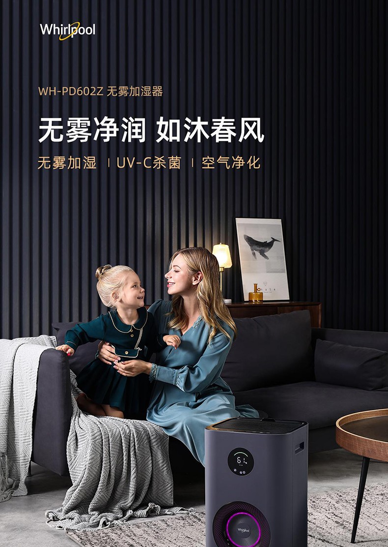 惠而浦（whirlpool）加湿器婴儿孕妇落地式智能恒湿 卧室家用办公室6L大容量无雾加湿器 WH-PD602Z 钛灰色