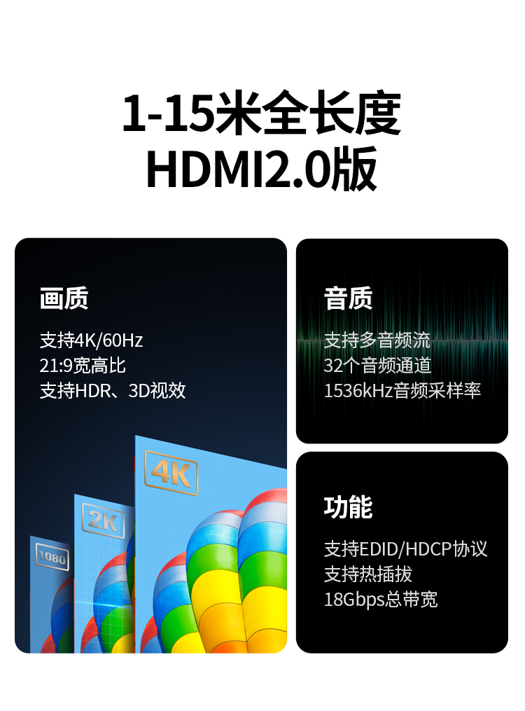 绿联（UGREEN）HDMI线2.0版 4K60Hz数字高清线 连接电视显示器投影仪3D视频数据连接线 1米 50106