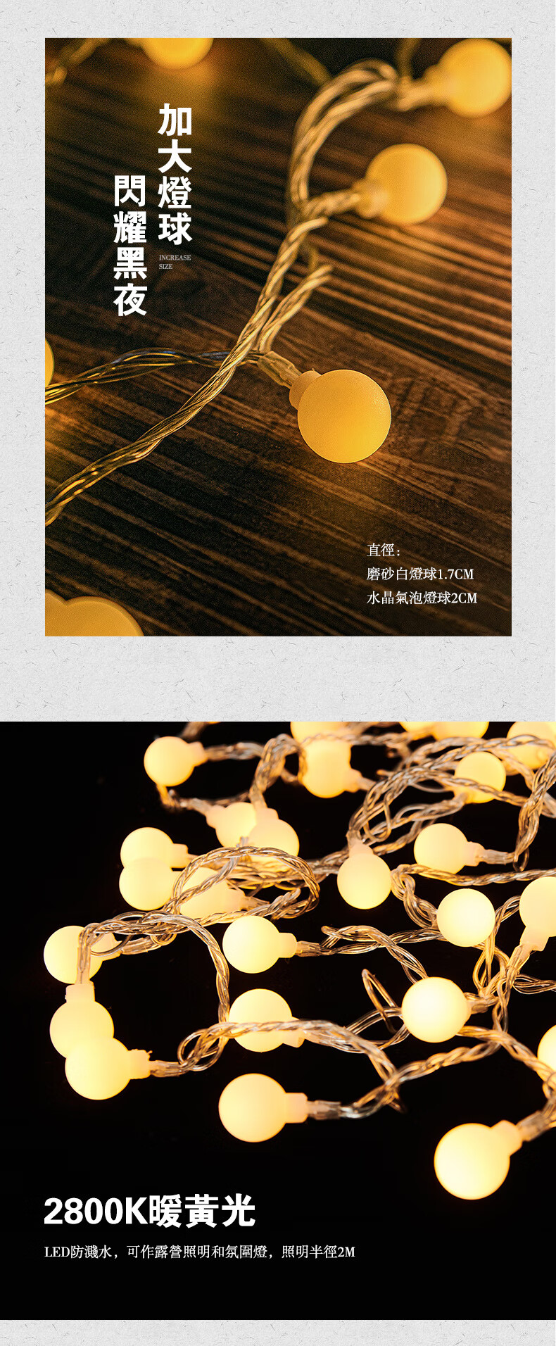 伯希和户外露营帐篷氛围灯串生日圣诞派对装饰LED照明USB气氛灯 小白球电池版（不含电池）