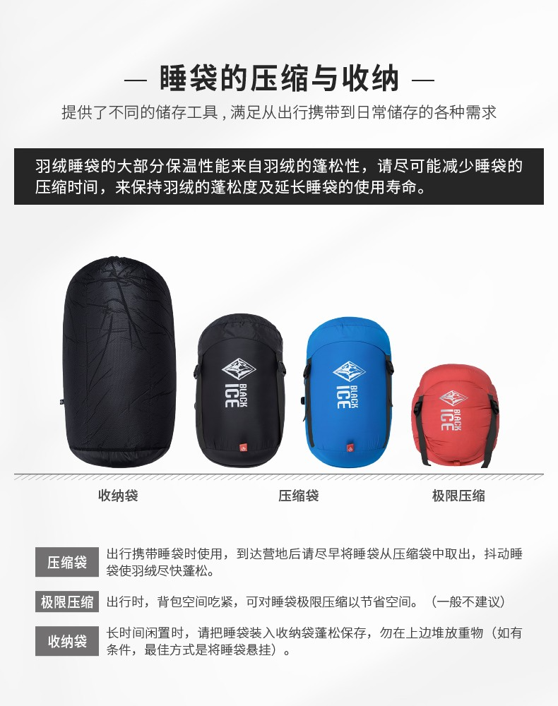 黑冰（BLACKICE）【B系列鸭绒木乃伊式羽绒睡袋】户外露营单人羽绒睡袋 黑色 B400 L码