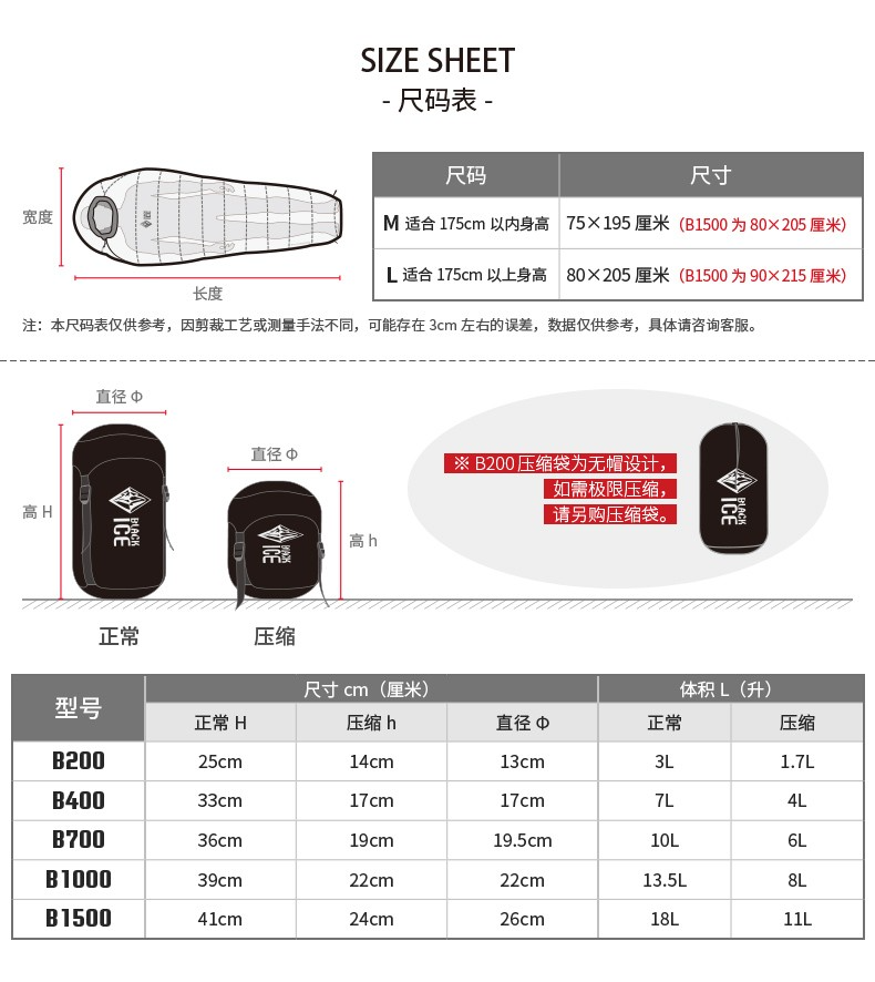 黑冰（BLACKICE）【B系列鸭绒木乃伊式羽绒睡袋】户外露营单人羽绒睡袋 天蓝 B1500 M码