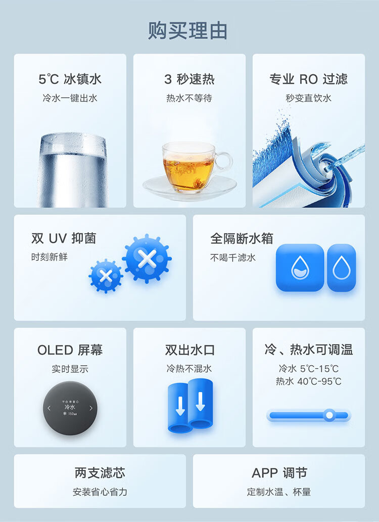 小米米家台式净饮机冷热版 台式免安装制冷饮水机 RO过滤冷热净三合一 家用冷热净饮机 3秒即热 米家app控制