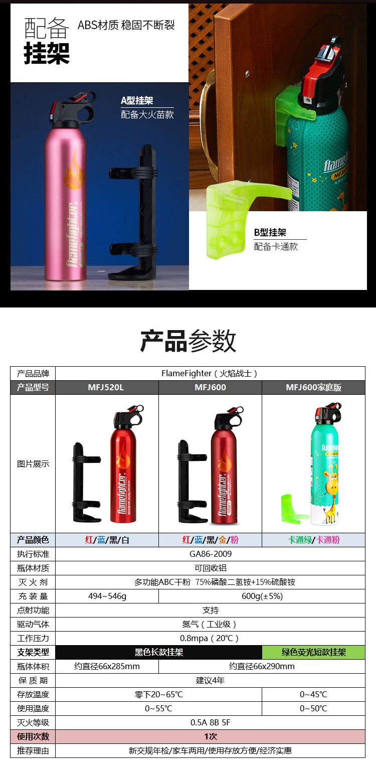 火焰战士 灭火器车载车用汽车干粉灭火器 便携小型消防器材灭火器 MFJ520 红色