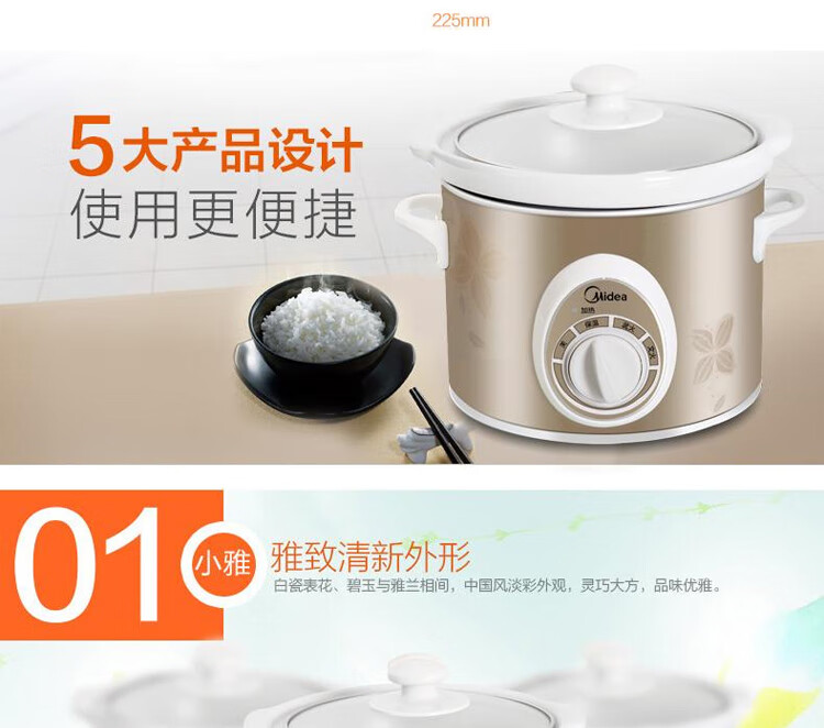 美的（Midea）电炖锅2L慢炖家用保温机械式电炖锅 文火锅煲 家用防溢 两档BGH20A白瓷