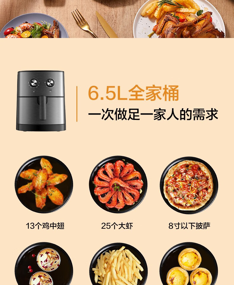 美的（Midea）空气炸锅家用多功能无油煎炸锅薯条机 6.5升大容量空气炸锅家用 MF-EKZ6503