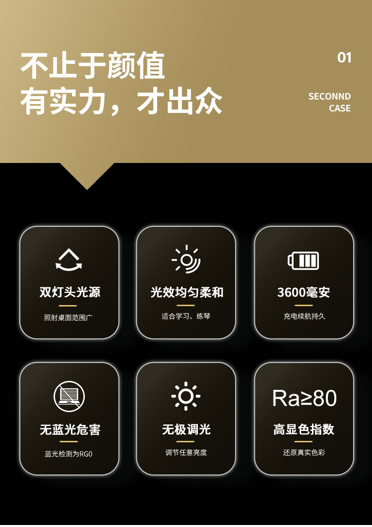 美的（Midea）LED充电台灯学生书桌宿舍床头台灯练琴专用钢琴灯双灯头无极调光连枝升级款MTD5-M/K-08