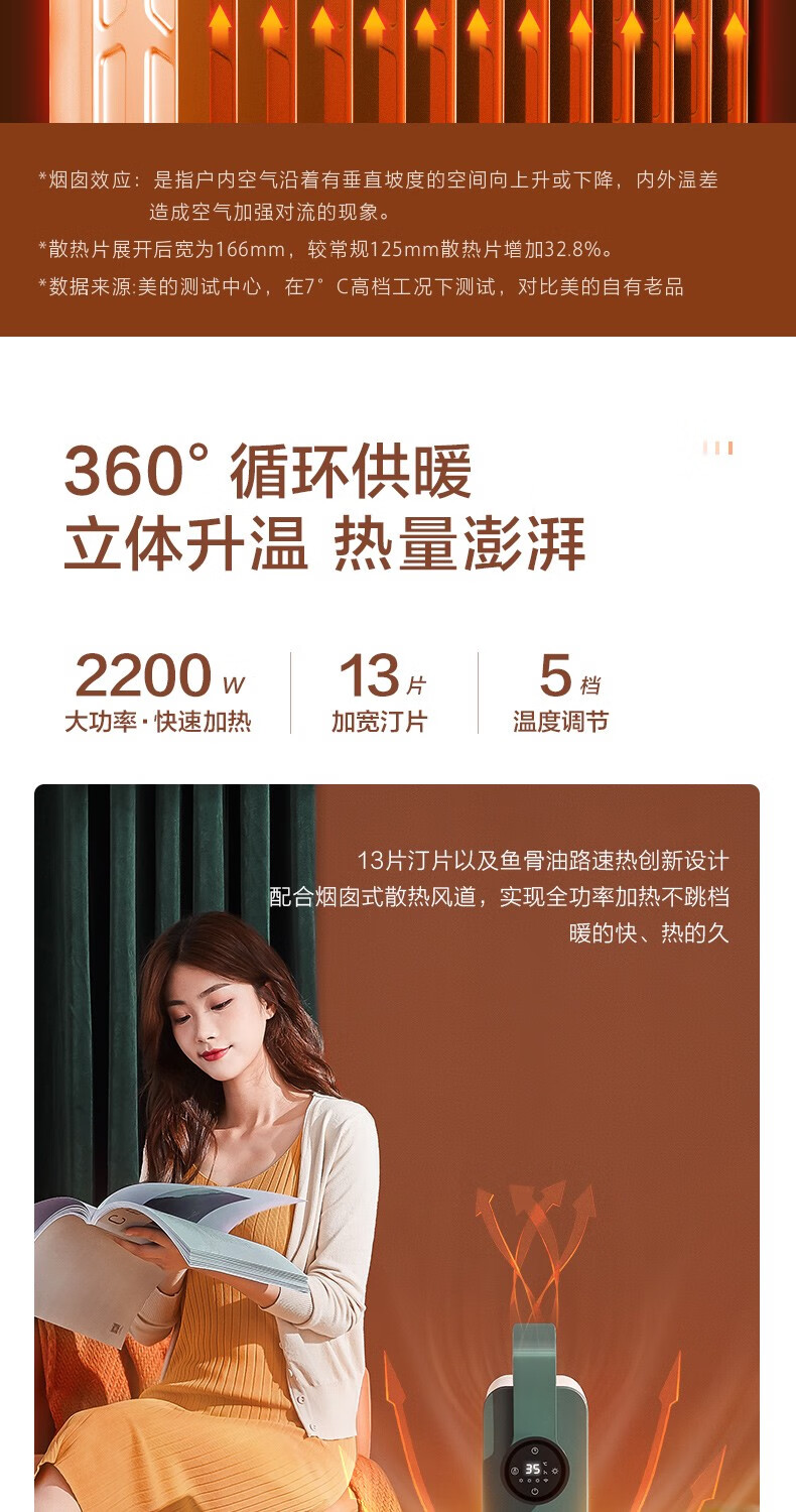 美的（Midea） HYX22KR（黛青绿）取暖器油汀家用电暖器暖气片13片油酊APP语音智控加宽节能速热智能取暖器