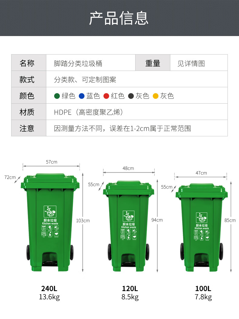 兰诗 LJT2215 绿色分类脚踏100L垃圾桶 物业环卫商用大号垃圾桶（厨余垃圾）2个装