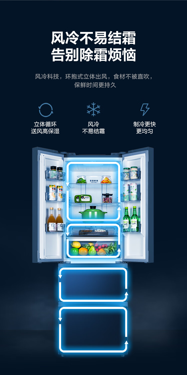 美的（Midea）冰箱玻璃门311升BCD-311WGPZM(E)变频法式多门双开门家用冰箱风冷无霜持久保鲜深空蓝-繁星
