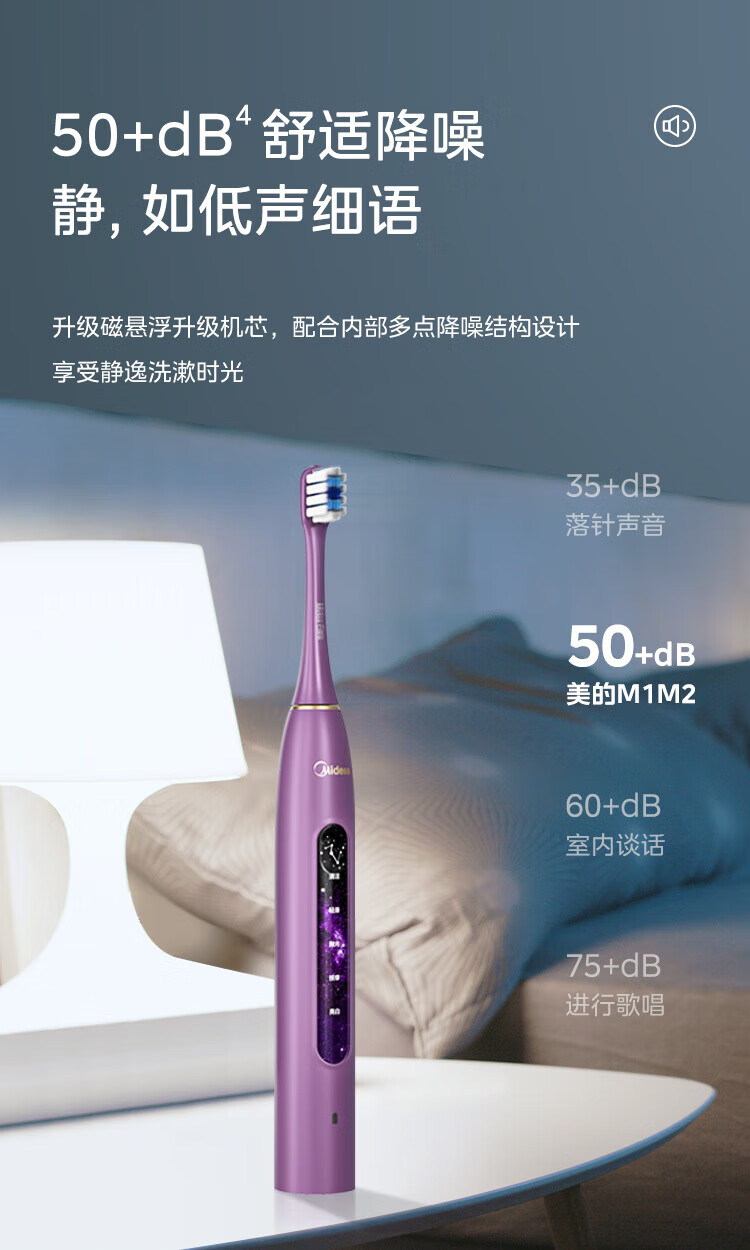 美的（Midea）电动牙刷成人 M2 声波震动 180天长续航 智能换区提醒 礼盒装（星黛紫）