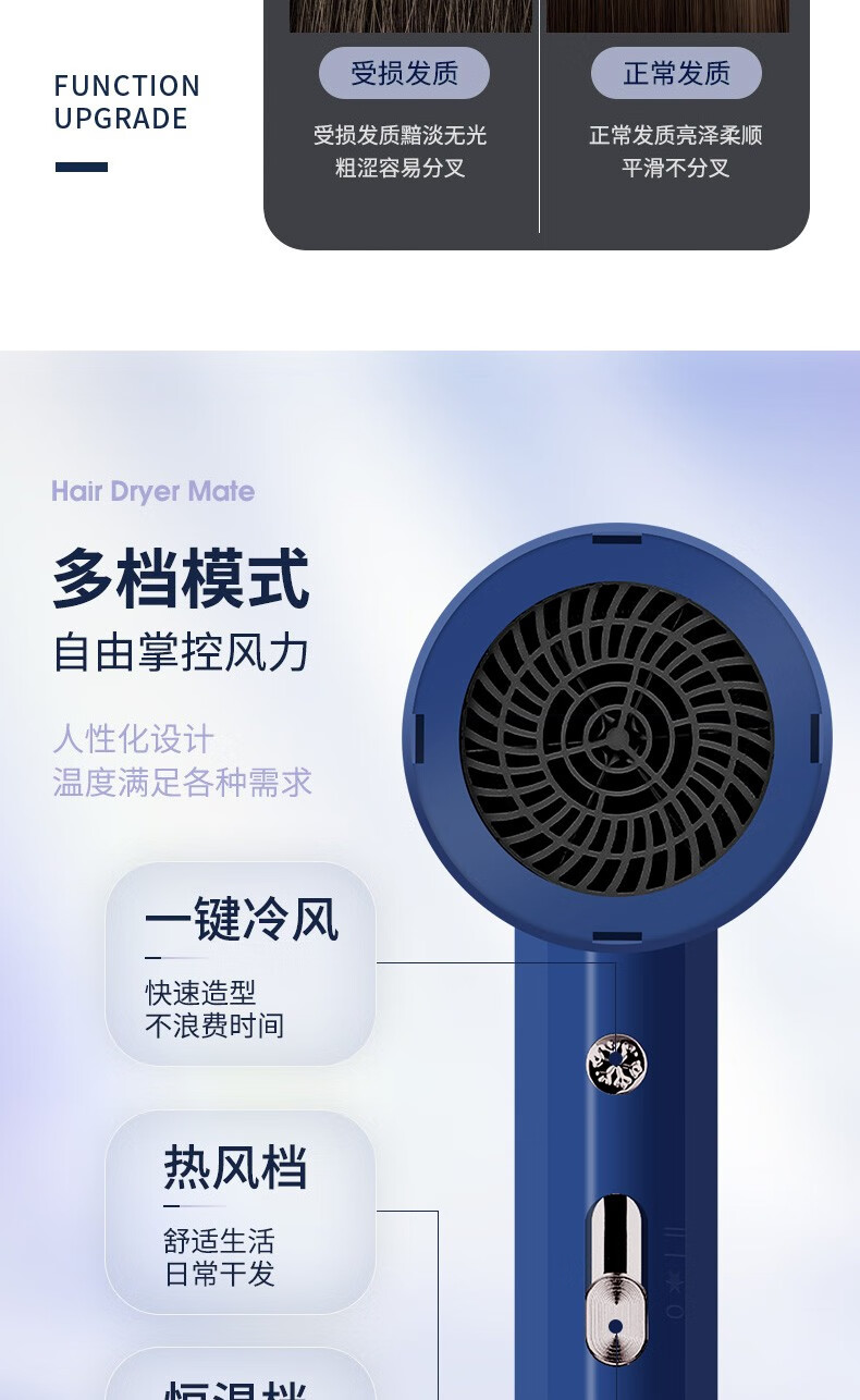 康佳（KKTV）吹风机 家用蓝光离子不伤发1000W大功率大风力吹风筒 便携电吹风机 KTKY-DCF03