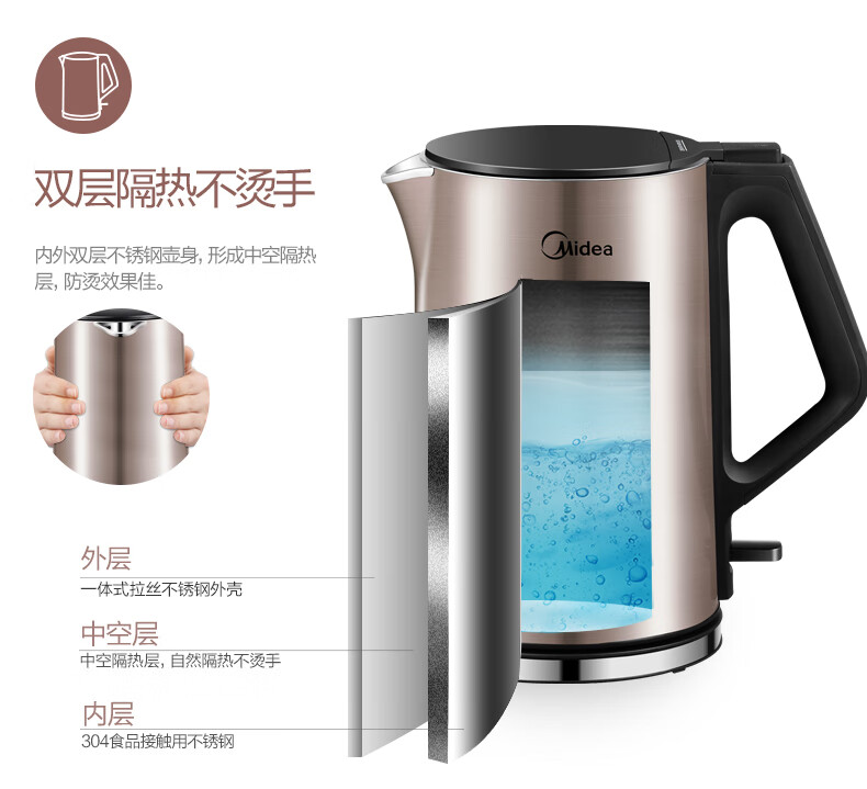 美的（Midea）电水壶/热水瓶?HJ1510A?家用?1.5L?烧水壶?双钢防烫防干烧?热水壶304不锈钢开水壶