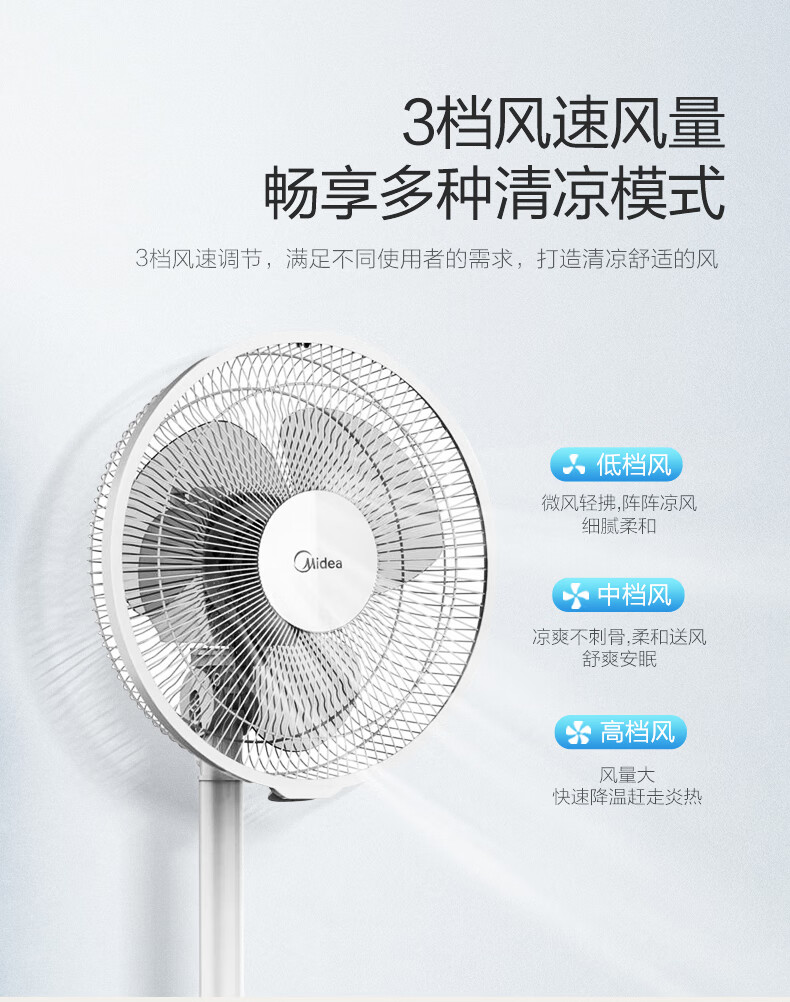 美的（Midea）电风扇落地扇家用三页柔和风升降摇头FSA30YB