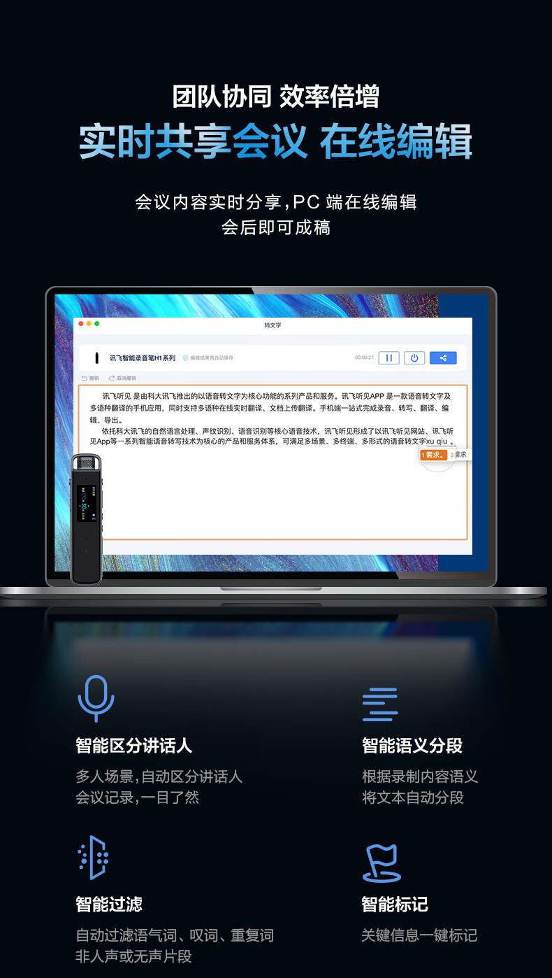 科大讯飞 智能录音笔H1 Pro 转写助手 会议录音转文字 专业高清降噪 录音笔 实时翻译 便携 32G