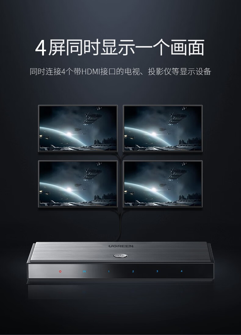 绿联 HDMI2.0分配器一进四出4K60Hz 1进4出高清视频分屏器 笔记本电脑接电视投影仪一分四 2.0分配器