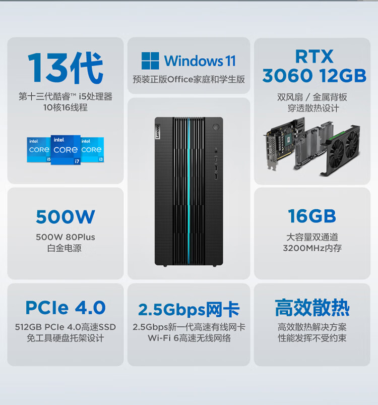 联想（Lenovo）商用办公家用电脑GeekPro-17IRB i5-13400F 16G  512GBw11 RTX3060_12G  500W