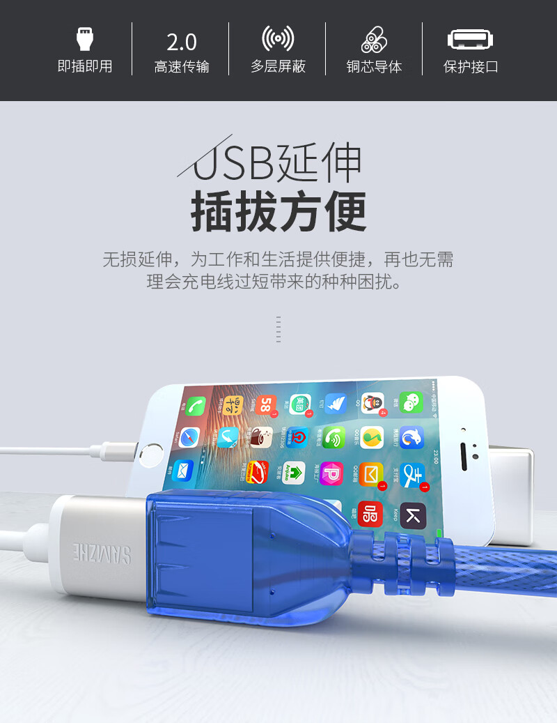 山泽(SAMZHE)  USB延长线 usb2.0高速传输数据线公对母AM/AF U盘鼠标键盘加长线 透明白-3米 UK-503
