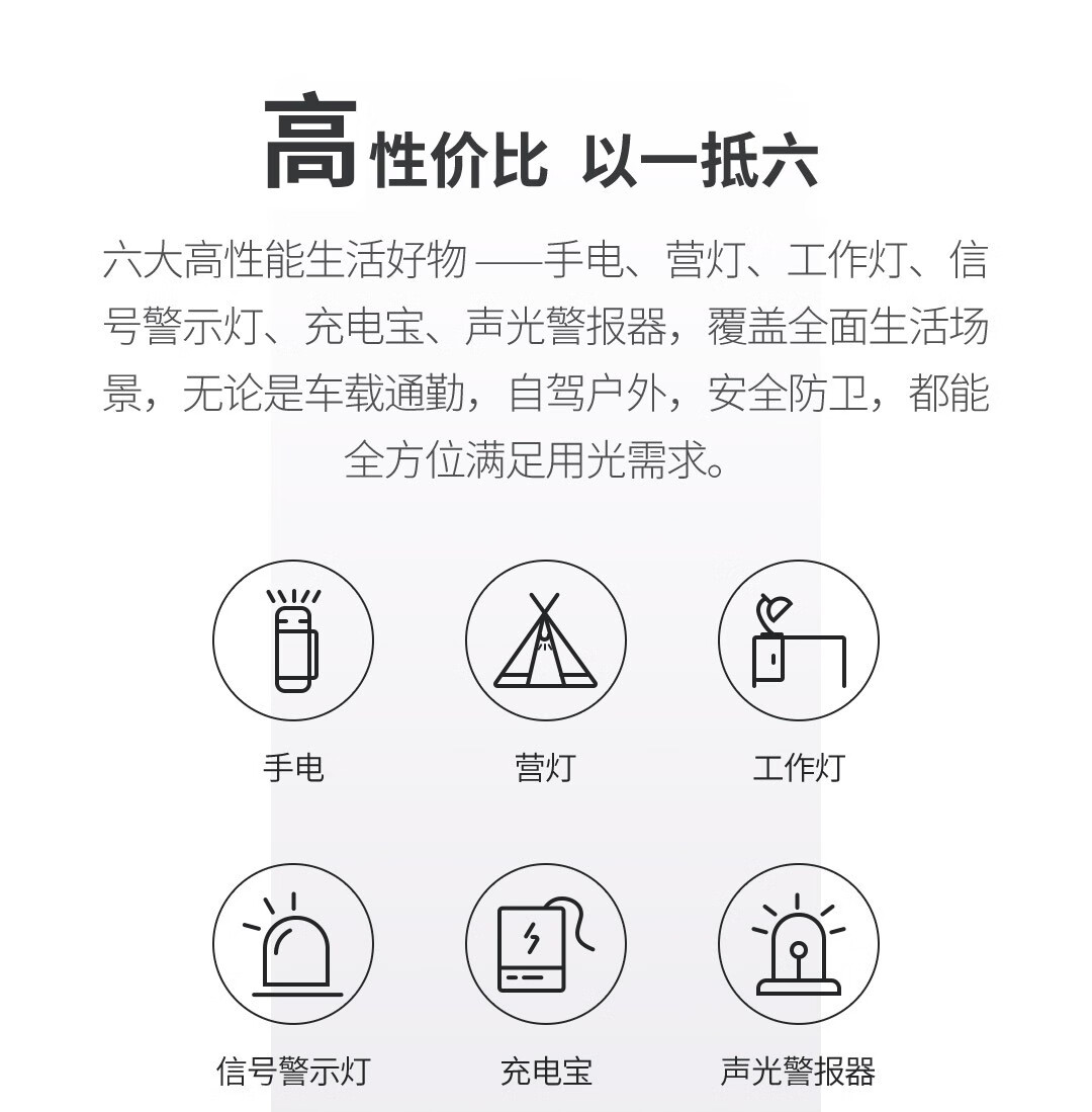 纳拓户外六合一雷鸣手电夜行户外活动应急充电宝多用手电NE20030 黑色