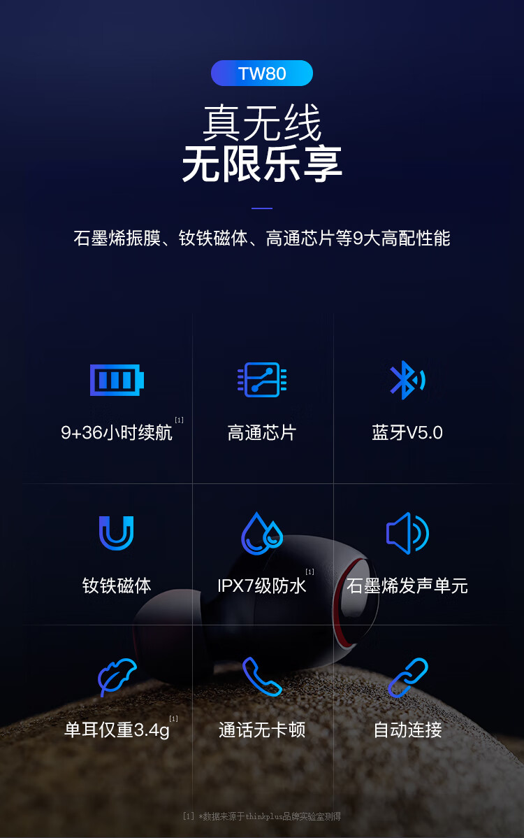 联想（Lenovo）Thinkplus TrackPods 真无线蓝牙耳机 防水运动超长待机续航 降噪小型商务 暗黑色 TW80E
