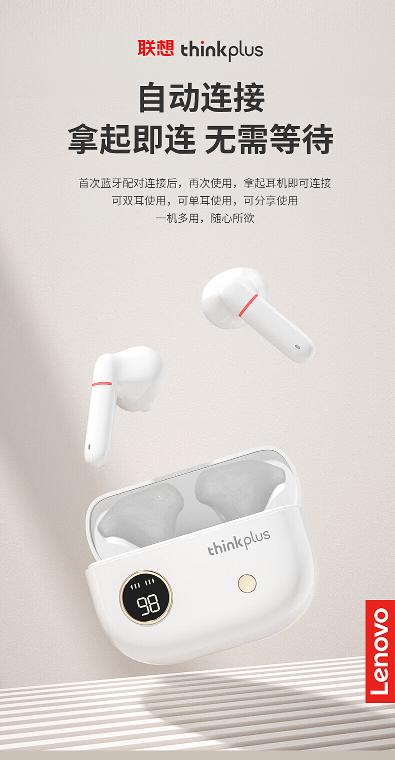 联想（Lenovo）Thinkplus 真无线蓝牙耳机半入耳式 游戏低延迟音乐高音质 超长续航待机 手机通用 黑色 XT86