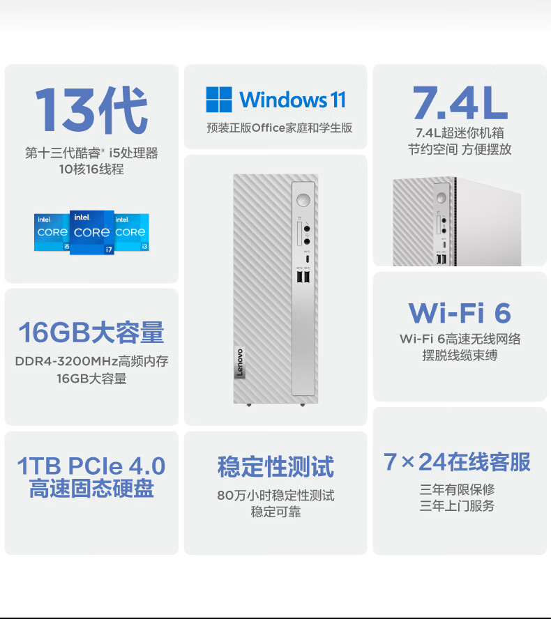 联想（Lenovo）商用办公家用电脑天逸510S-07IRB i5-13400 16G 1TSS/W11 集成银色180W +23英寸