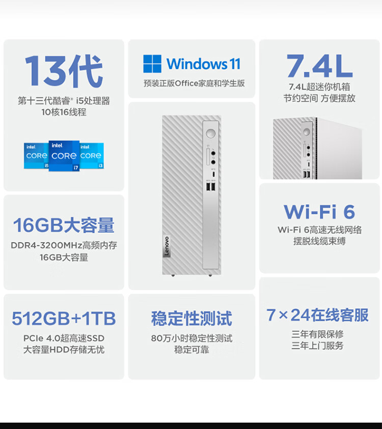 联想（Lenovo）商用办公家用电脑天逸510S-07IRB i5-13400 16G 1T+512SSDW-11  集成银色180W +23英寸