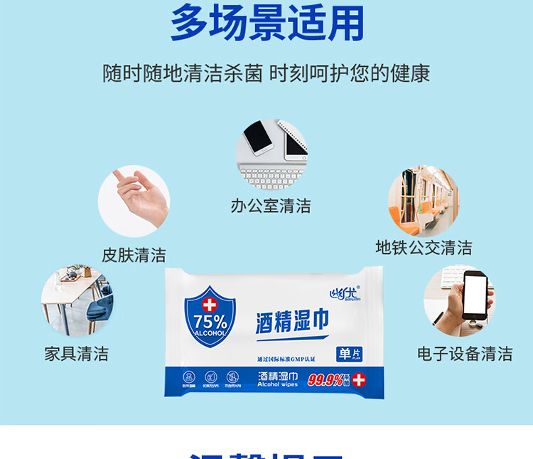 幽优 75%酒精湿巾独立小包装 便携单片*100片 消毒湿巾 一次性免洗手酒精棉片 卫生湿巾