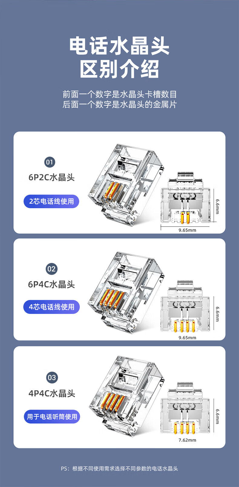 山泽(SAMZHE) 4P4C高品质电话水晶头 语音电话线接头 电话语音水晶头 50个 SJ-3450