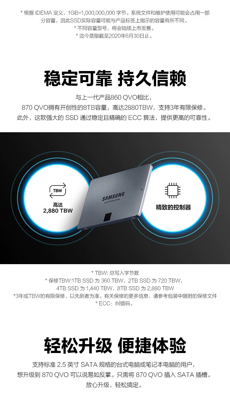 三星 SAMSUNG SSD固态硬盘 SATA3.0接口 870 QVO 8T（MZ-77Q8T3B ）
