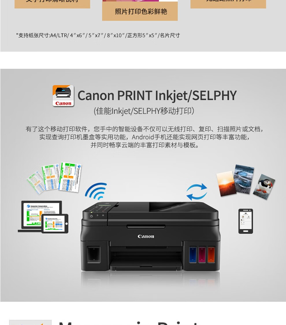 佳能（Canon） 四合一功能G4810一体打印机无线控彩色连供式喷墨家用办公打印复印扫描传真机 远程打印一体机