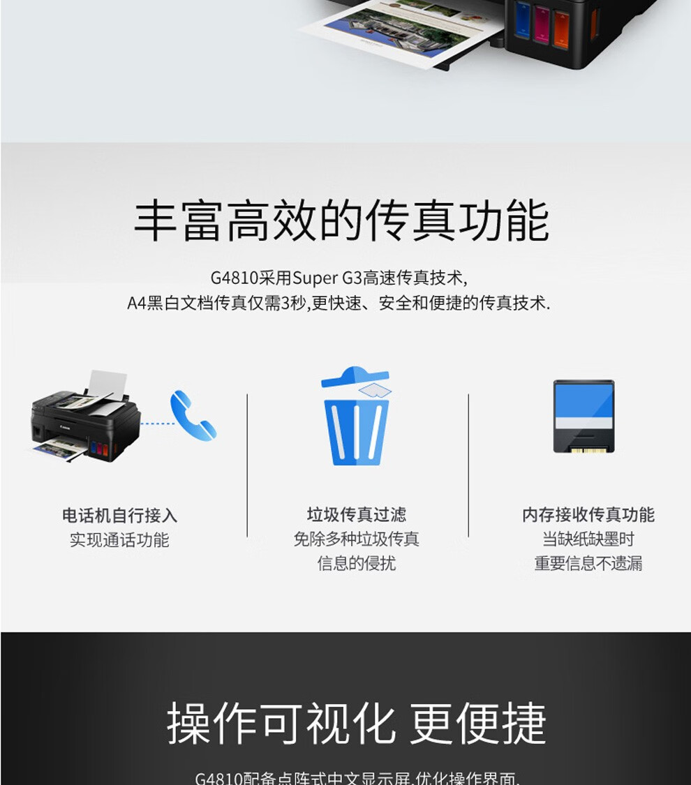佳能（Canon） 四合一功能G4810一体打印机无线控彩色连供式喷墨家用办公打印复印扫描传真机 远程打印一体机