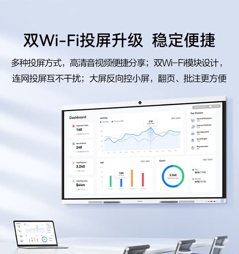 华为IdeaHub B2 75英寸 会议平板一体机企业办公电视电子白板大屏会议智慧屏+安卓(4G+32G)+投屏器+移动支架