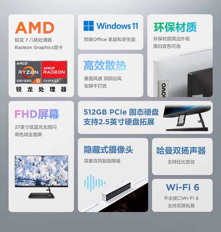 联想（Lenovo）商用办公家用电脑小新27-ALC R7-5700U  16G 512/W11    集成 黑色 摄像头 无线键鼠