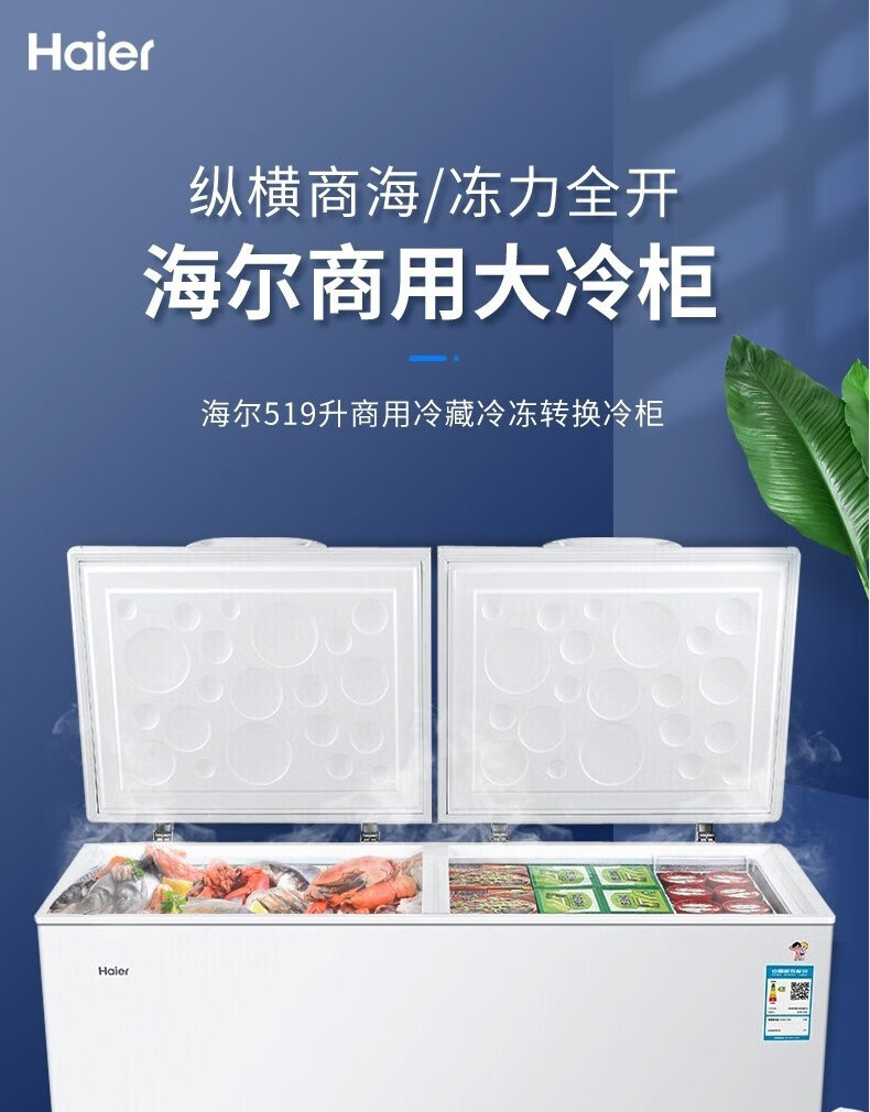 海尔（Haier）冰柜商用大容量519升 冷藏冷冻单温转换卧式冷柜 顶开门商超海鲜冻货雪柜冰箱 BC/BD-519HCM