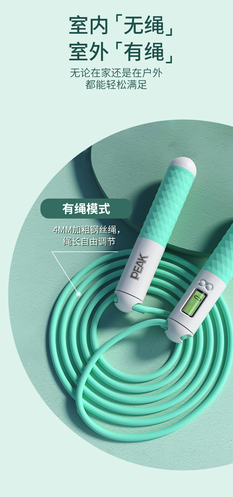 匹克（PEAK）专业负重计数跳绳健身专用运动钢丝绳子无绳两用款YW21279 粉色