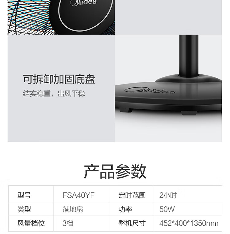 美的（Midea）电风扇?3叶3档落地扇家用?2小时定时?摇头广角送风宿舍机械式电风扇?FSA40YE