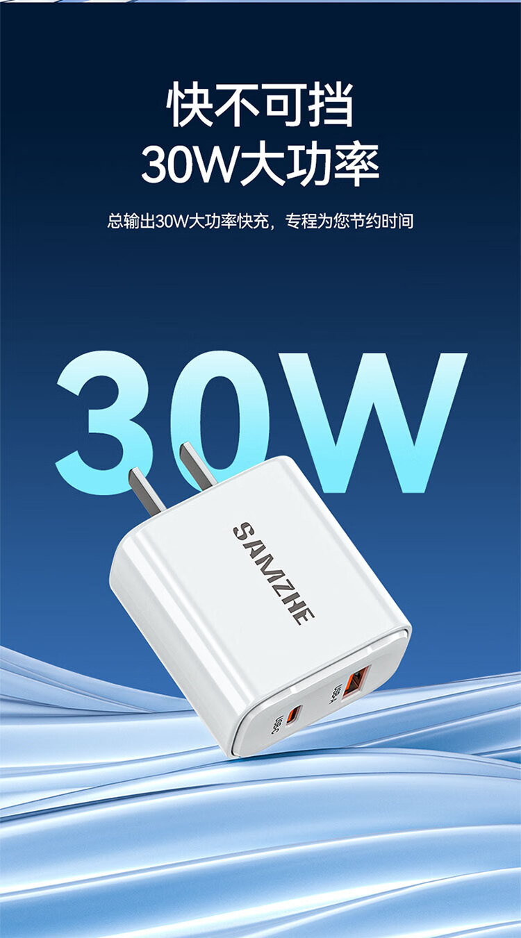 SAMZHE山泽 苹果充电器PD30W快充头 适用iPhone13/12/11/XS手机iPad平板 Type-C苹果插头TC-067AC30/