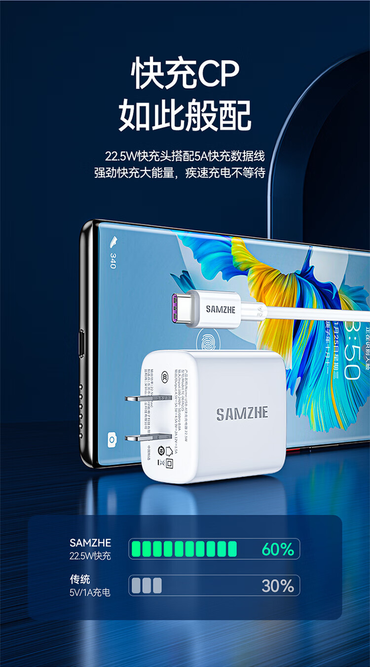 SAMZHE山泽 22.5W充电器套装5A超级快充头通用华为oppo小米vivo荣耀安卓手机充电头type-c数据线插头TC125/